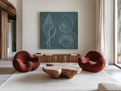 Coastal Blueprint I by Marco Fabiano. Shown as extra-large giant wall art in a modern living room. Available as an archival giclee rolled canvas, fine art paper, or poster print. SKU 14061a.