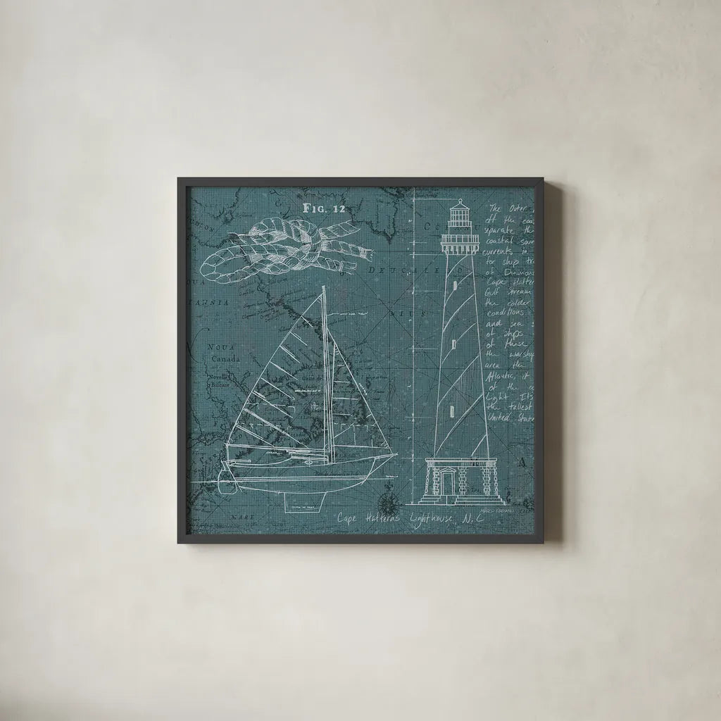 Coastal Blueprint III by Marco Fabiano. Shown in a sleek black glass frame for a contemporary gallery look. Available as an archival giclee rolled canvas, fine art paper, or poster print. SKU 14063a.