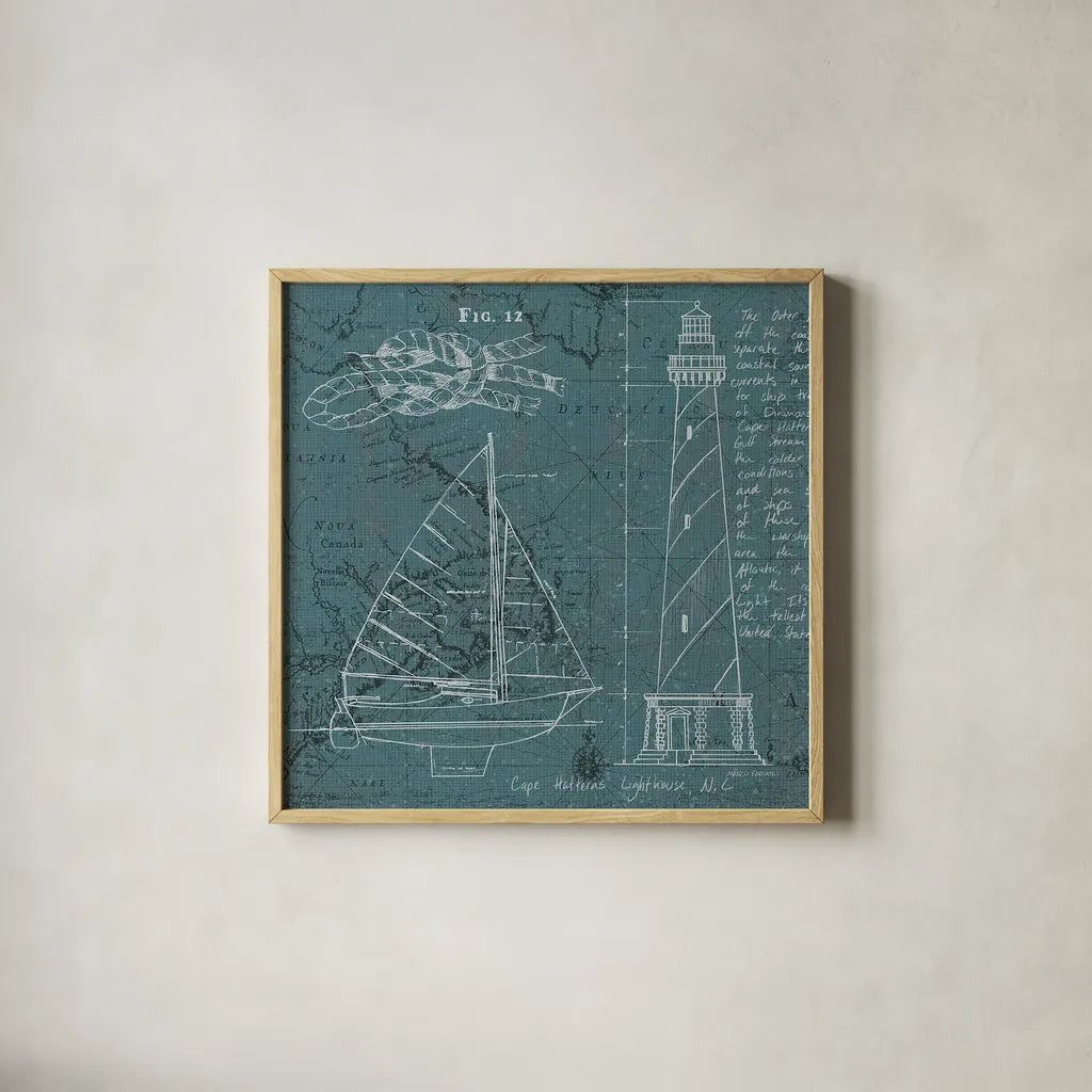Coastal Blueprint III by Marco Fabiano. Shown in a natural wood glass frame for a timeless modern aesthetic. Available as an archival giclee rolled canvas, fine art paper, or poster print. SKU 14063a.