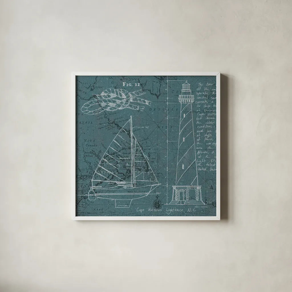 Coastal Blueprint III by Marco Fabiano. Shown in a crisp white glass frame for a clean and minimalist style. Available as an archival giclee rolled canvas, fine art paper, or poster print. SKU 14063a.