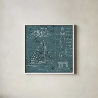 Coastal Blueprint III by Marco Fabiano. Shown in a crisp white glass frame for a clean and minimalist style. Available as an archival giclee rolled canvas, fine art paper, or poster print. SKU 14063a.