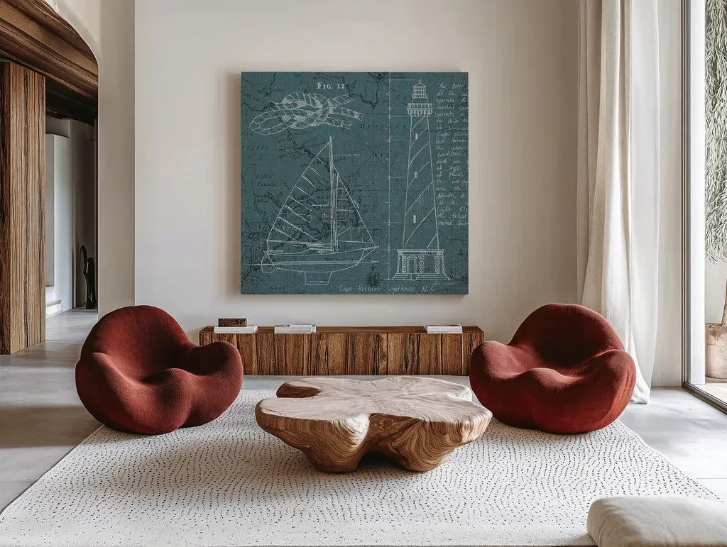 Coastal Blueprint III by Marco Fabiano. Shown as extra-large giant wall art in a modern living room. Available as an archival giclee rolled canvas, fine art paper, or poster print. SKU 14063a.