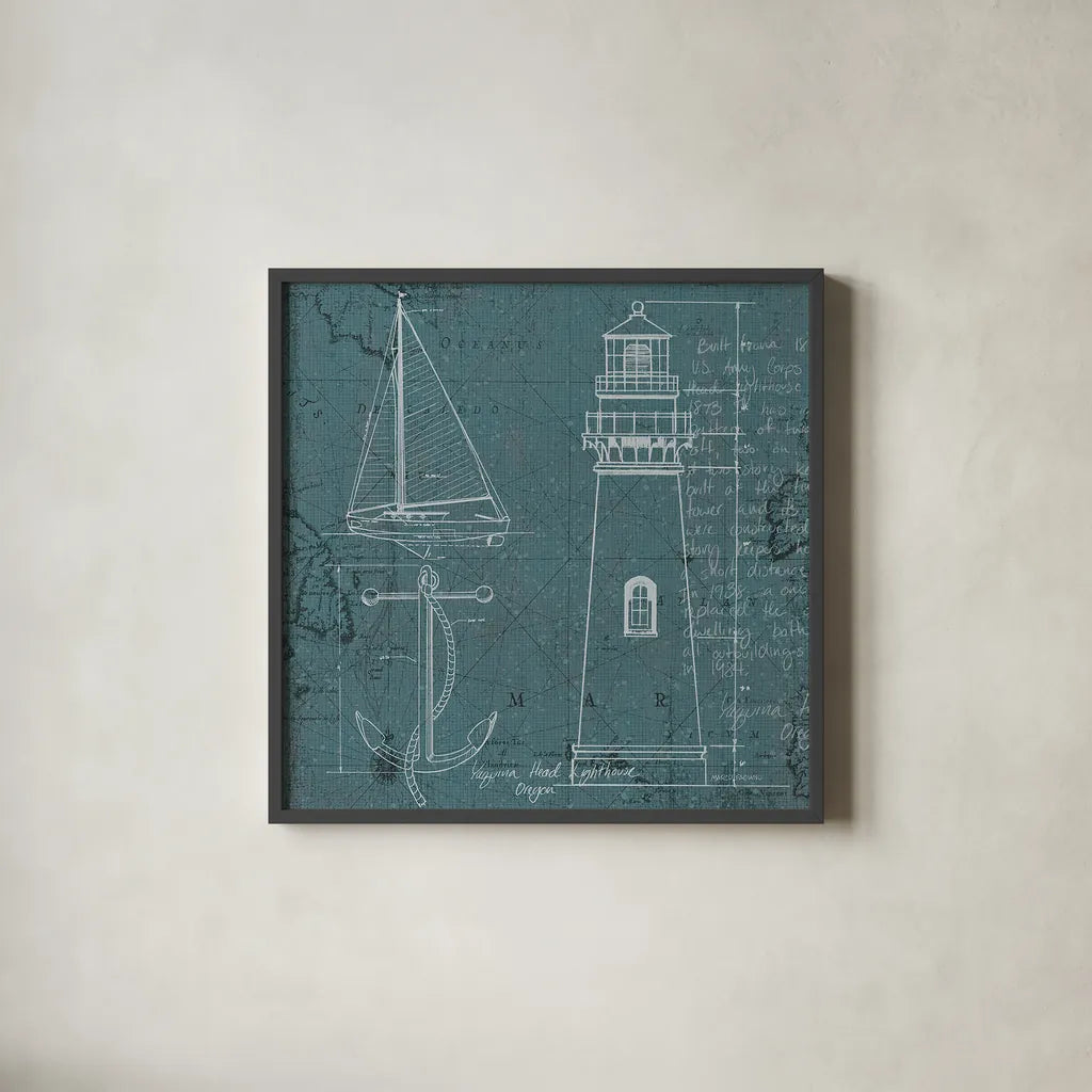 Coastal Blueprint IV by Marco Fabiano. Shown in a sleek black glass frame for a contemporary gallery look. Available as an archival giclee rolled canvas, fine art paper, or poster print. SKU 14064a.