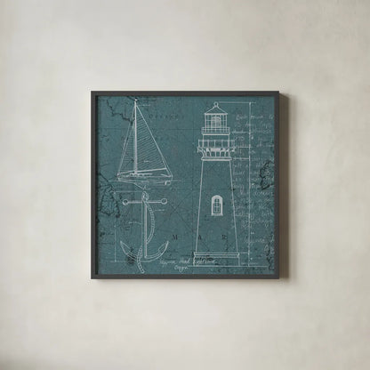 Coastal Blueprint IV by Marco Fabiano. Shown in a sleek black glass frame for a contemporary gallery look. Available as an archival giclee rolled canvas, fine art paper, or poster print. SKU 14064a.