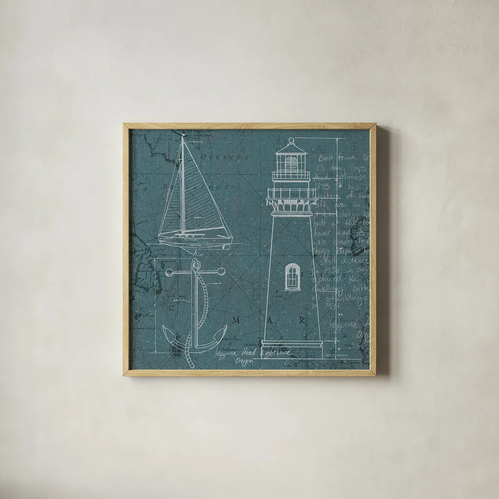 Coastal Blueprint IV by Marco Fabiano. Shown in a natural wood glass frame for a timeless modern aesthetic. Available as an archival giclee rolled canvas, fine art paper, or poster print. SKU 14064a.