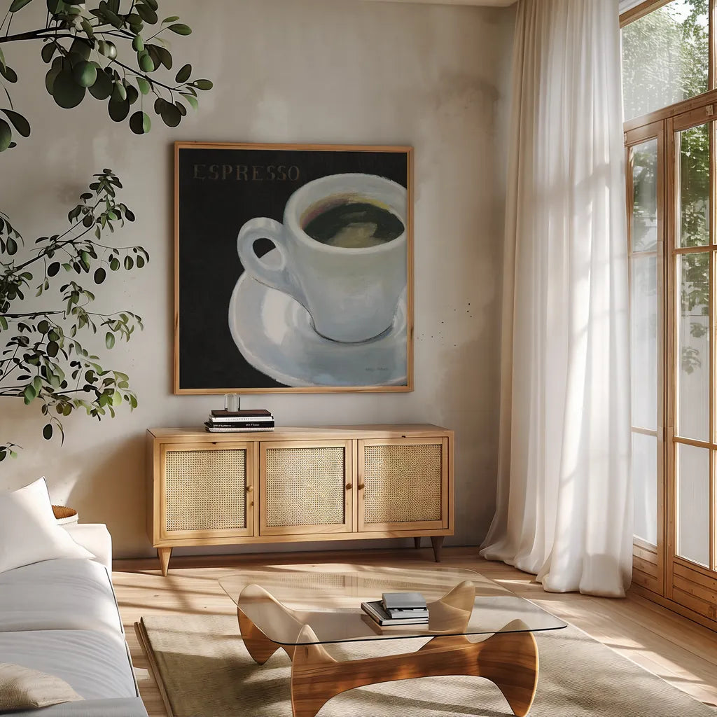 Dark Roast I by Marco Fabiano. Shown in a natural wood frame in a cozy modern living room. Available as an archival giclee rolled canvas, fine art paper, or poster print. SKU 16925a.