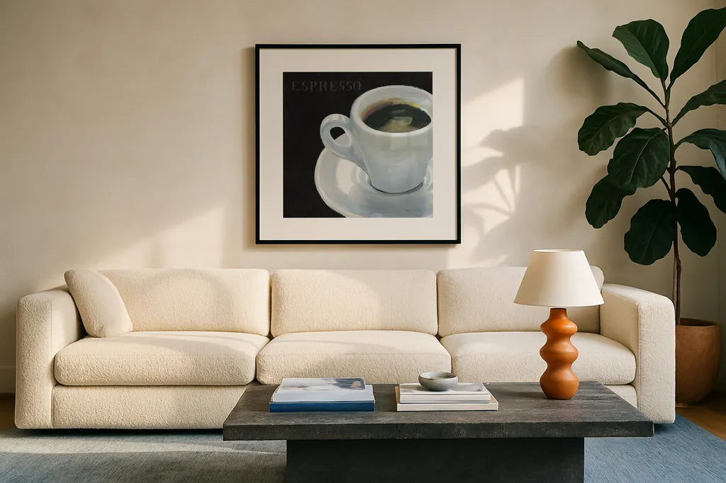 Dark Roast I by Marco Fabiano. Displayed in a glass frame with matte in a clean modern living room. Available as an archival giclee rolled canvas, fine art paper, or poster print. SKU 16925a.