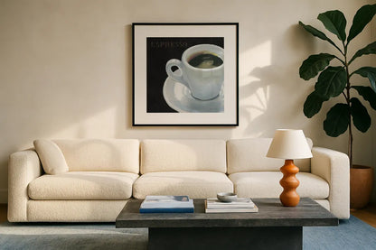 Dark Roast I by Marco Fabiano. Displayed in a glass frame with matte in a clean modern living room. Available as an archival giclee rolled canvas, fine art paper, or poster print. SKU 16925a.