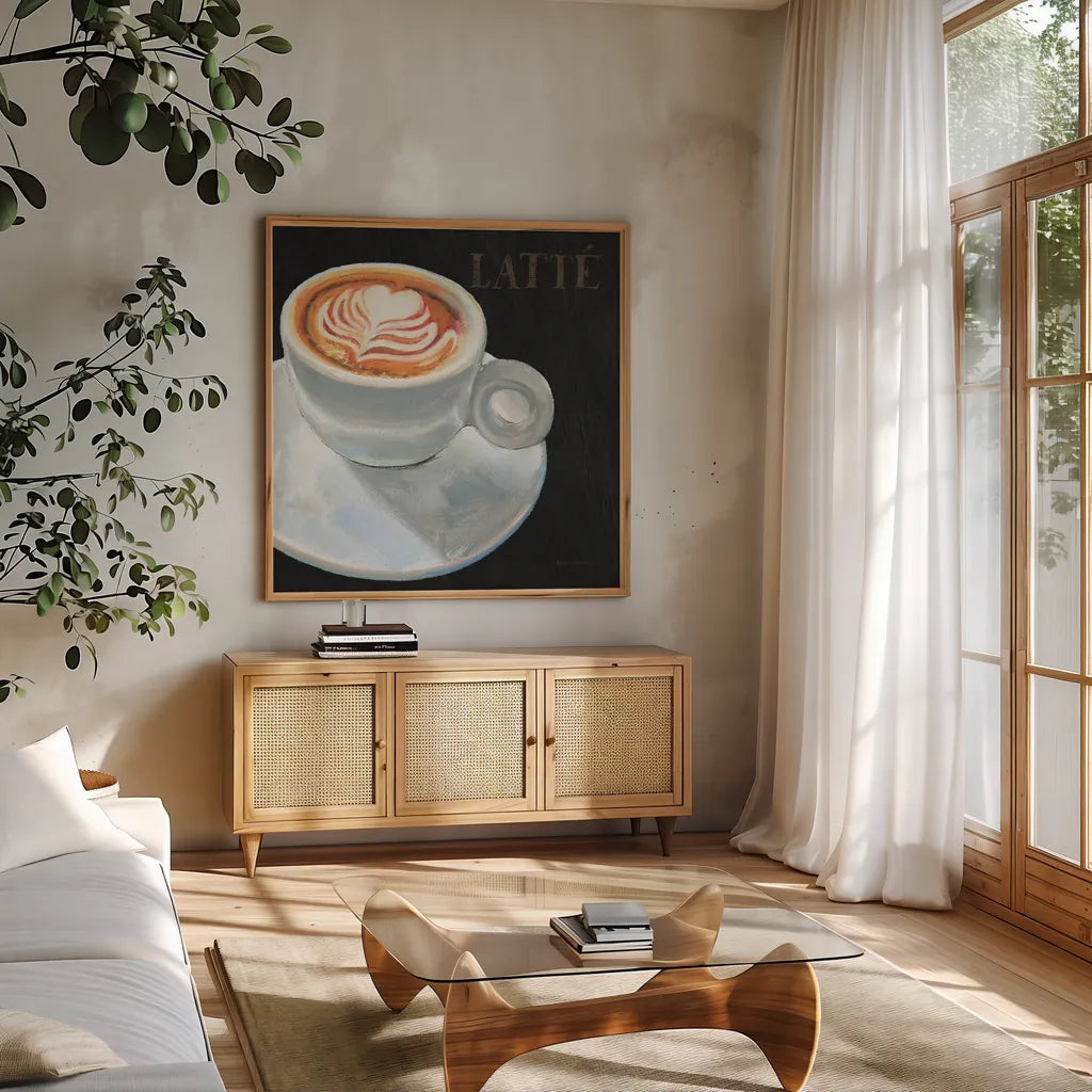 Dark Roast II by Marco Fabiano. Shown in a natural wood frame in a cozy modern living room. Available as an archival giclee rolled canvas, fine art paper, or poster print. SKU 16926a.