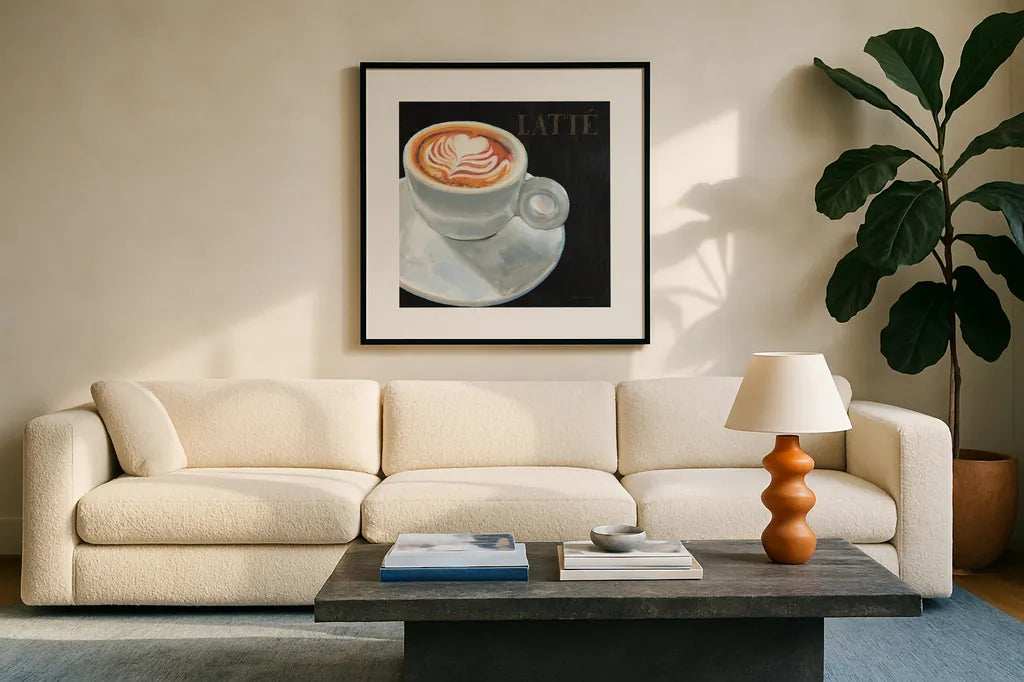 Dark Roast II by Marco Fabiano. Displayed in a glass frame with matte in a clean modern living room. Available as an archival giclee rolled canvas, fine art paper, or poster print. SKU 16926a.