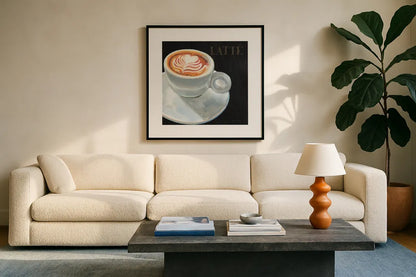 Dark Roast II by Marco Fabiano. Displayed in a glass frame with matte in a clean modern living room. Available as an archival giclee rolled canvas, fine art paper, or poster print. SKU 16926a.