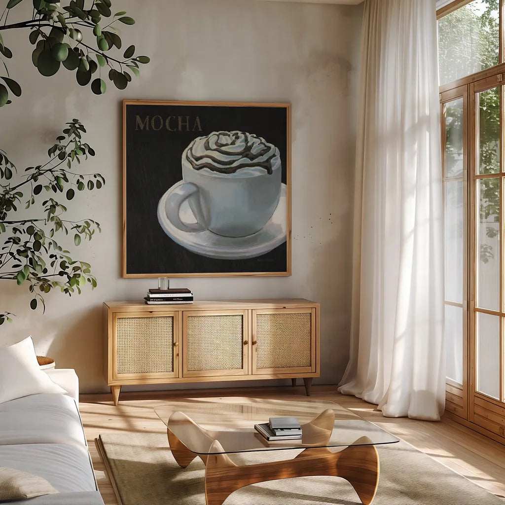 Dark Roast III by Marco Fabiano. Shown in a natural wood frame in a cozy modern living room. Available as an archival giclee rolled canvas, fine art paper, or poster print. SKU 16927a.