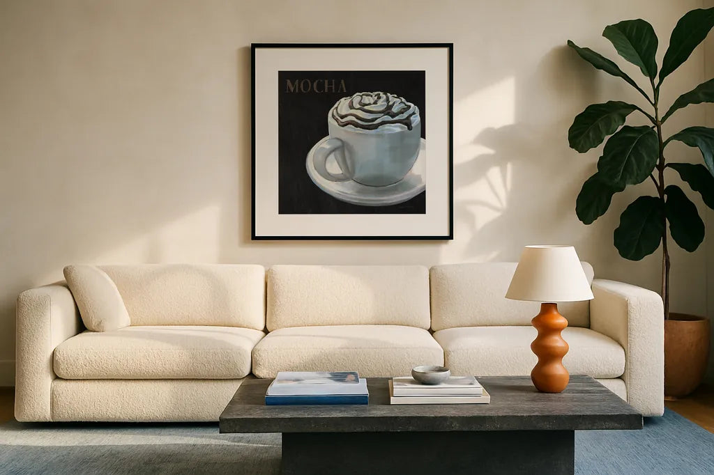Dark Roast III by Marco Fabiano. Displayed in a glass frame with matte in a clean modern living room. Available as an archival giclee rolled canvas, fine art paper, or poster print. SKU 16927a.