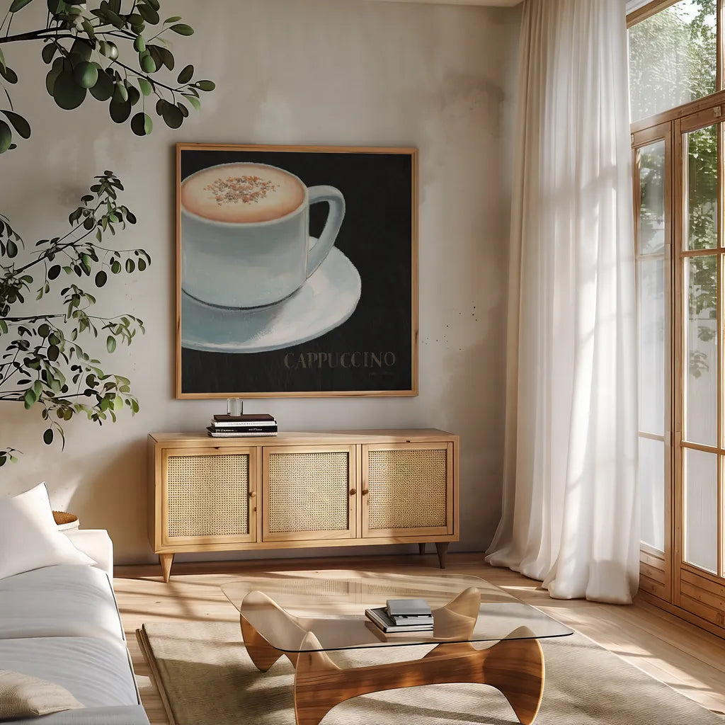 Dark Roast IV by Marco Fabiano. Shown in a natural wood frame in a cozy modern living room. Available as an archival giclee rolled canvas, fine art paper, or poster print. SKU 16928a.