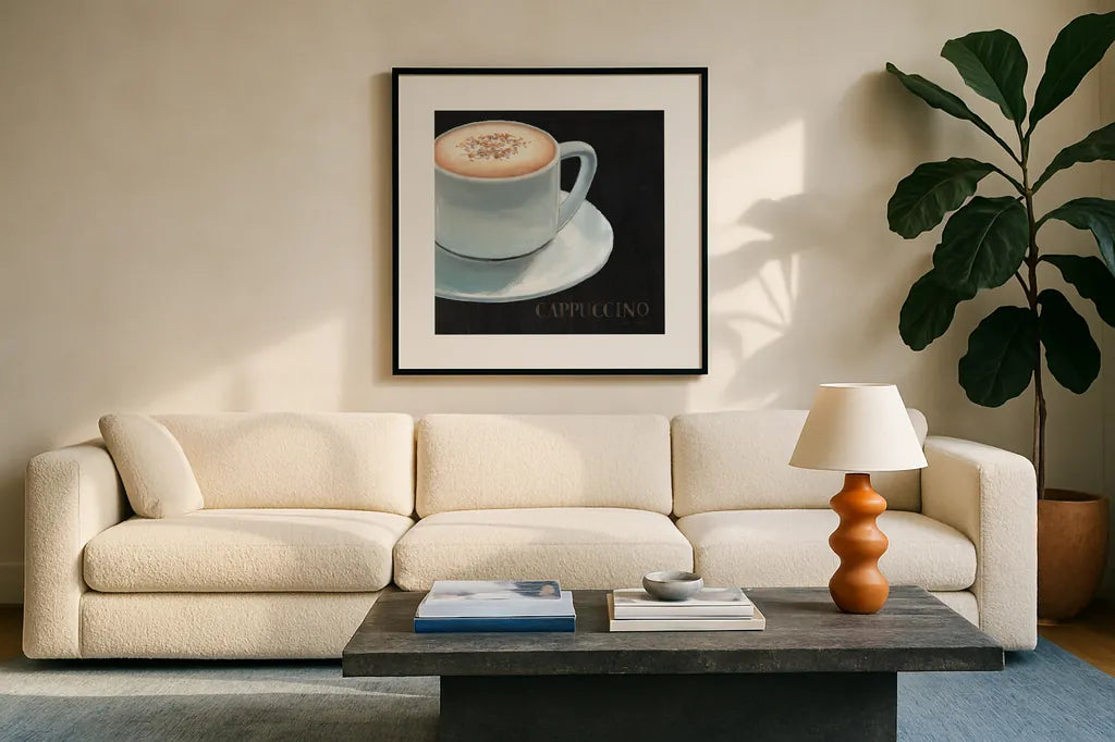 Dark Roast IV by Marco Fabiano. Displayed in a glass frame with matte in a clean modern living room. Available as an archival giclee rolled canvas, fine art paper, or poster print. SKU 16928a.