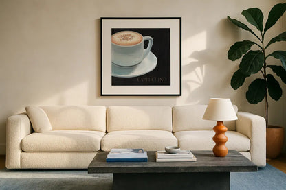 Dark Roast IV by Marco Fabiano. Displayed in a glass frame with matte in a clean modern living room. Available as an archival giclee rolled canvas, fine art paper, or poster print. SKU 16928a.