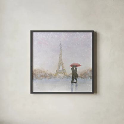 Eiffel Romance by Marco Fabiano. Shown in a sleek black glass frame for a contemporary gallery look. Available as an archival giclee rolled canvas, fine art paper, or poster print. SKU 22351a.