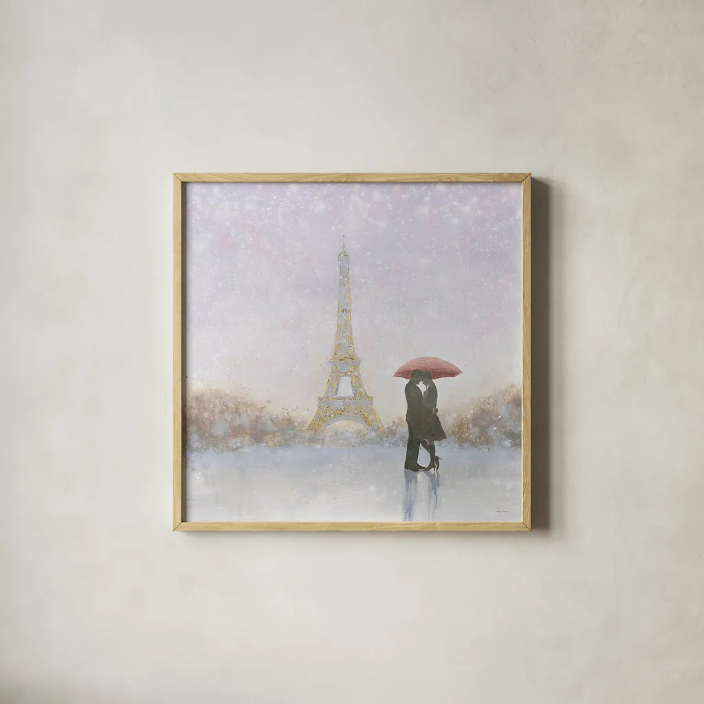 Eiffel Romance by Marco Fabiano. Shown in a natural wood glass frame for a timeless modern aesthetic. Available as an archival giclee rolled canvas, fine art paper, or poster print. SKU 22351a.