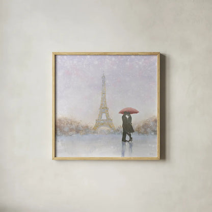 Eiffel Romance by Marco Fabiano. Shown in a natural wood glass frame for a timeless modern aesthetic. Available as an archival giclee rolled canvas, fine art paper, or poster print. SKU 22351a.