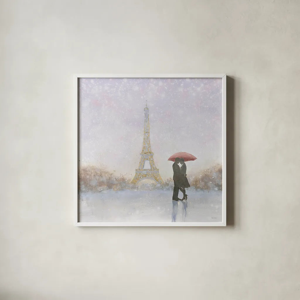 Eiffel Romance by Marco Fabiano. Shown in a crisp white glass frame for a clean and minimalist style. Available as an archival giclee rolled canvas, fine art paper, or poster print. SKU 22351a.