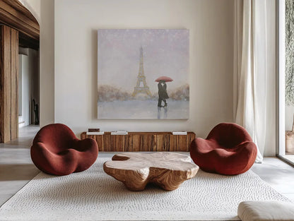 Eiffel Romance by Marco Fabiano. Shown as extra-large giant wall art in a modern living room. Available as an archival giclee rolled canvas, fine art paper, or poster print. SKU 22351a.