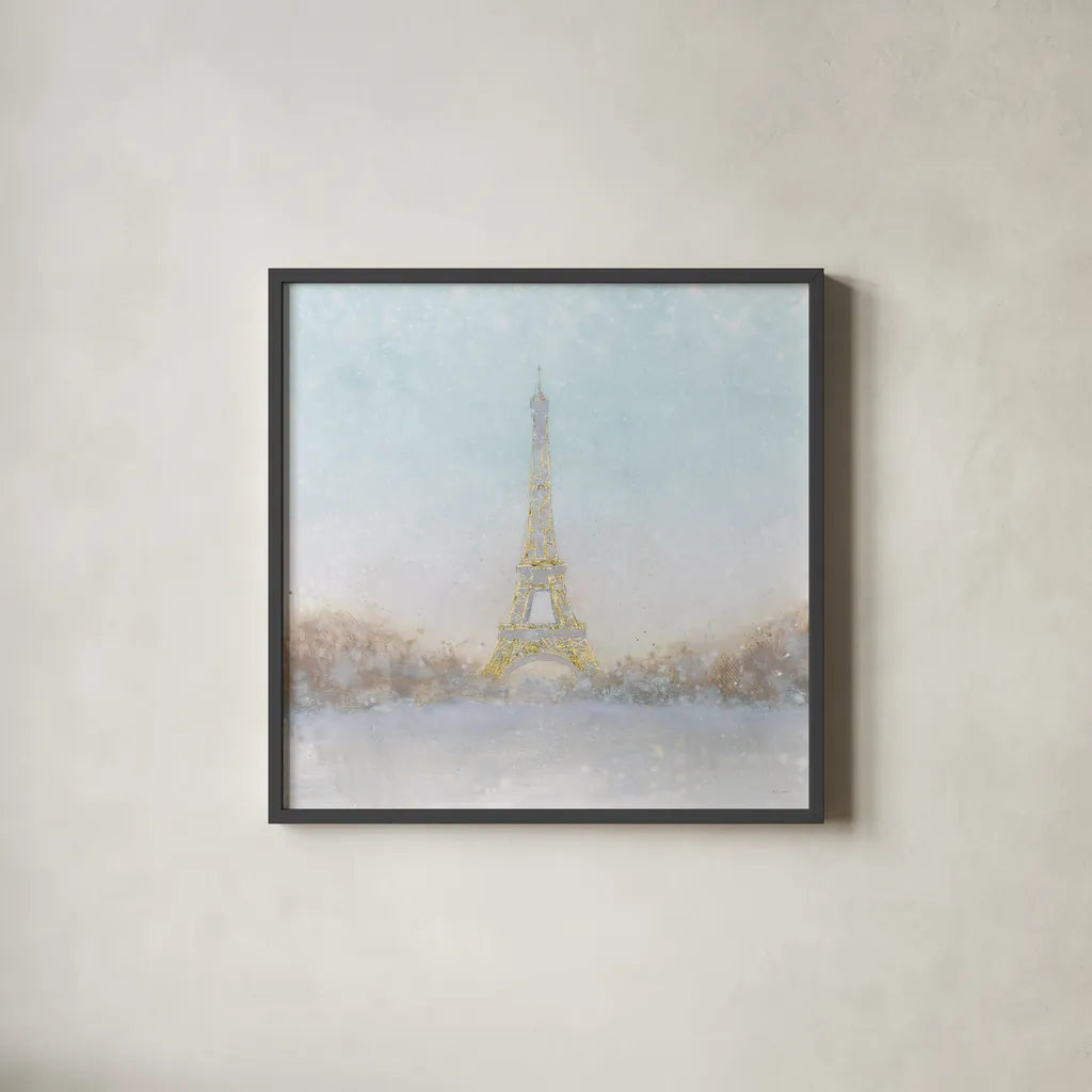 Eiffel Romance no Couple Turquoise by Marco Fabiano. Shown in a sleek black glass frame for a contemporary gallery look. Available as an archival giclee rolled canvas, fine art paper, or poster print. SKU 23540a.