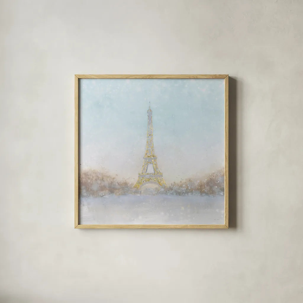 Eiffel Romance no Couple Turquoise by Marco Fabiano. Shown in a natural wood glass frame for a timeless modern aesthetic. Available as an archival giclee rolled canvas, fine art paper, or poster print. SKU 23540a.
