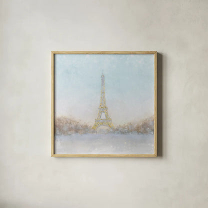 Eiffel Romance no Couple Turquoise by Marco Fabiano. Shown in a natural wood glass frame for a timeless modern aesthetic. Available as an archival giclee rolled canvas, fine art paper, or poster print. SKU 23540a.