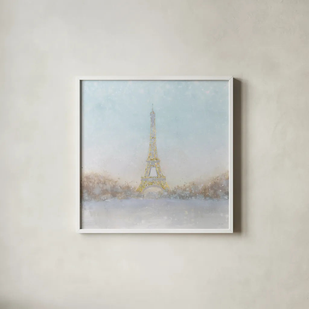 Eiffel Romance no Couple Turquoise by Marco Fabiano. Shown in a crisp white glass frame for a clean and minimalist style. Available as an archival giclee rolled canvas, fine art paper, or poster print. SKU 23540a.