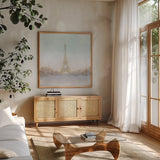 Eiffel Romance no Couple Turquoise by Marco Fabiano. Shown in a natural wood frame in a cozy modern living room. Available as an archival giclee rolled canvas, fine art paper, or poster print. SKU 23540a.