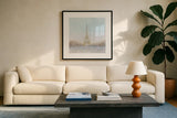 Eiffel Romance no Couple Turquoise by Marco Fabiano. Displayed in a glass frame with matte in a clean modern living room. Available as an archival giclee rolled canvas, fine art paper, or poster print. SKU 23540a.