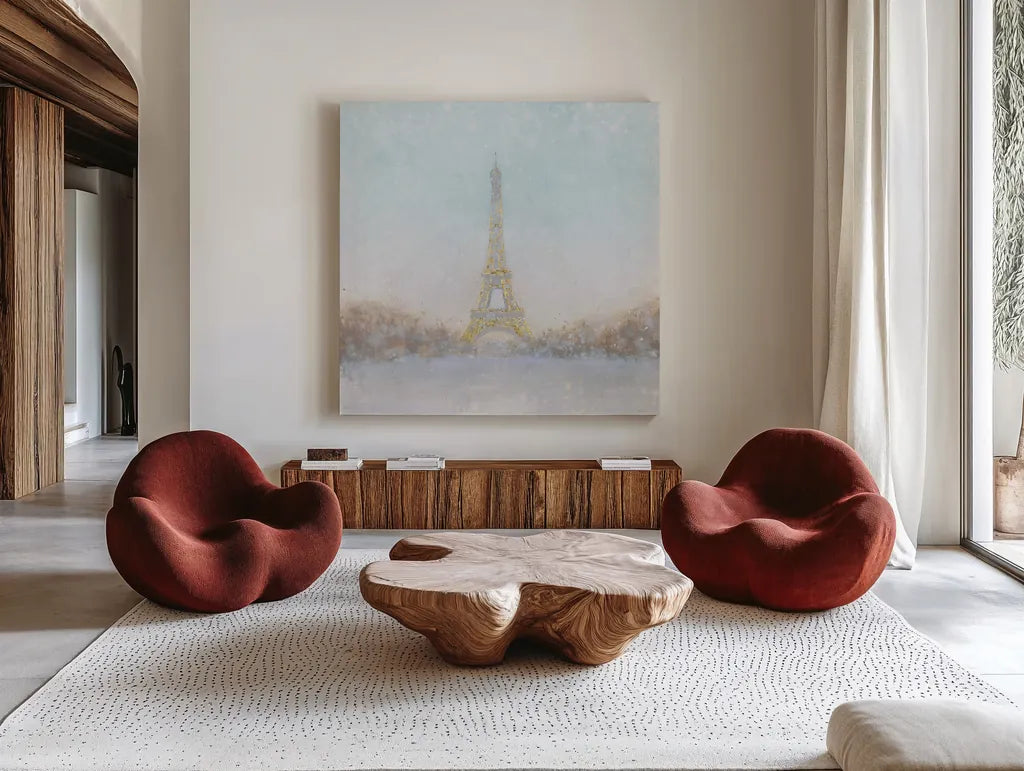 Eiffel Romance no Couple Turquoise by Marco Fabiano. Shown as extra-large giant wall art in a modern living room. Available as an archival giclee rolled canvas, fine art paper, or poster print. SKU 23540a.