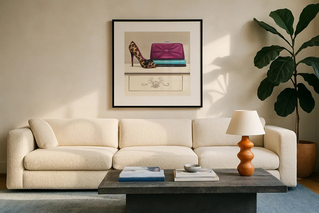 Fashion Avenue I by Marco Fabiano. Displayed in a glass frame with matte in a clean modern living room. Available as an archival giclee rolled canvas, fine art paper, or poster print. SKU 12368a.
