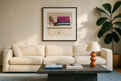 Fashion Avenue I by Marco Fabiano. Displayed in a glass frame with matte in a clean modern living room. Available as an archival giclee rolled canvas, fine art paper, or poster print. SKU 12368a.