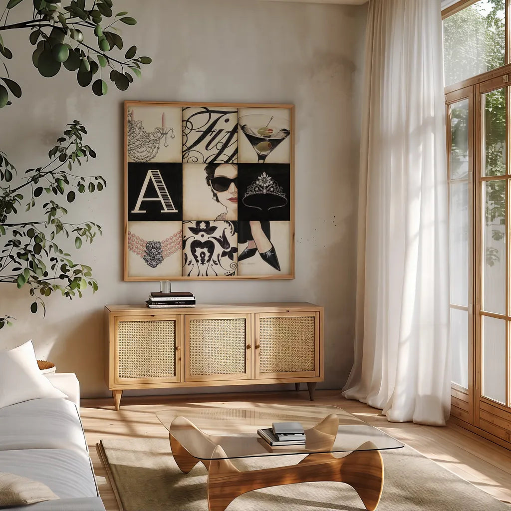 Fifth Avenue - Square by Marco Fabiano. Shown in a natural wood frame in a cozy modern living room. Available as an archival giclee rolled canvas, fine art paper, or poster print. SKU 10630a.