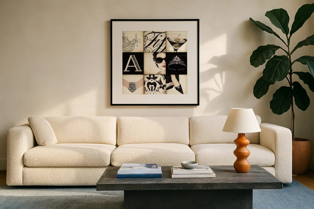 Fifth Avenue - Square by Marco Fabiano. Displayed in a glass frame with matte in a clean modern living room. Available as an archival giclee rolled canvas, fine art paper, or poster print. SKU 10630a.