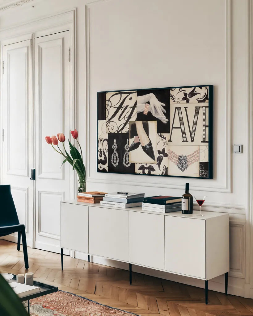 Fifth Avenue Collage by Marco Fabiano. shown as a framed stretched canvas in a living room above a console. Available as a archival giclee rolled canvas, fine art paper, or poster print. SKU 10630i.