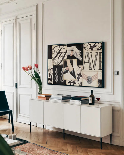 Fifth Avenue Collage by Marco Fabiano. shown as a framed stretched canvas in a living room above a console. Available as a archival giclee rolled canvas, fine art paper, or poster print. SKU 10630i.