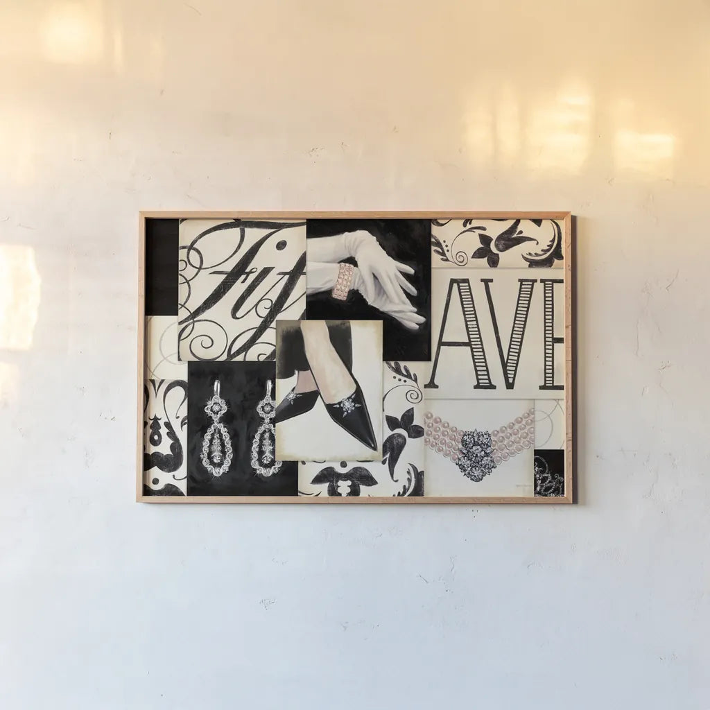 Fifth Avenue Collage by Marco Fabiano. shown as a paper print in a natural frame. Available as a archival giclee rolled canvas, fine art paper, or poster print. SKU 10630i.