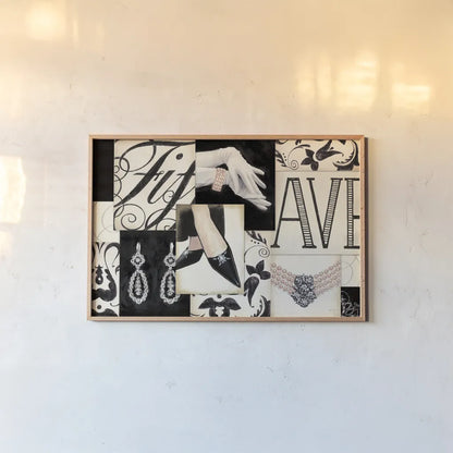 Fifth Avenue Collage by Marco Fabiano. shown as a paper print in a natural frame. Available as a archival giclee rolled canvas, fine art paper, or poster print. SKU 10630i.