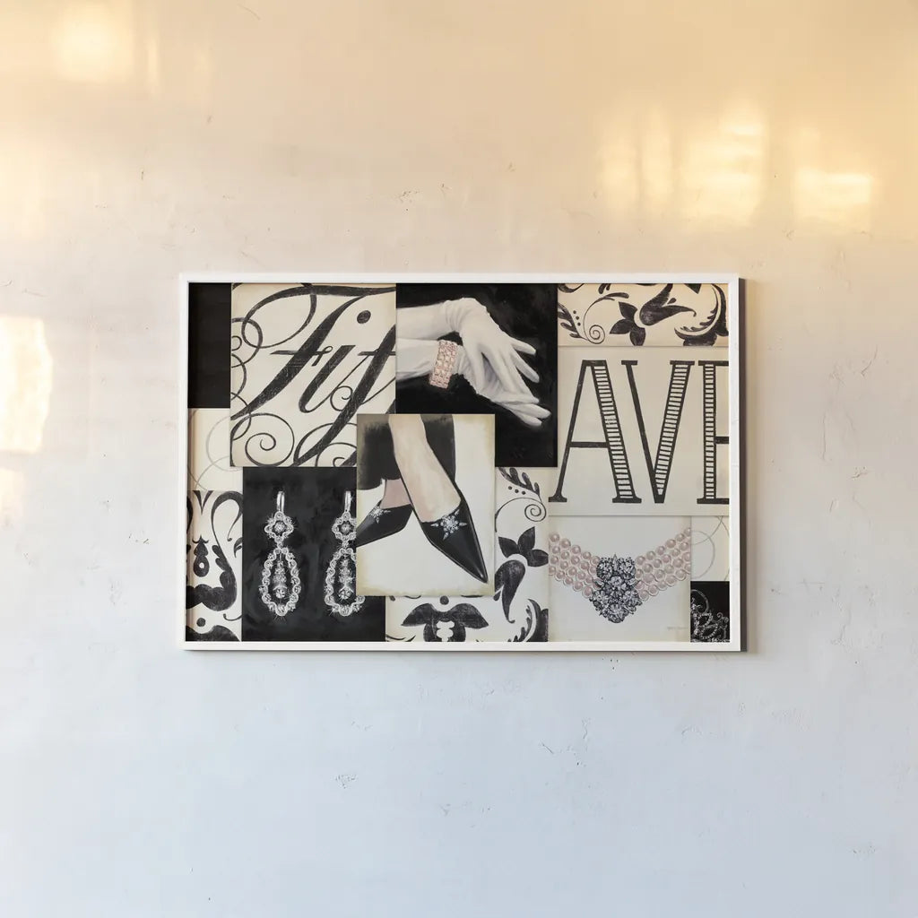 Fifth Avenue Collage by Marco Fabiano. shown as a paper print in a white frame. Available as a archival giclee rolled canvas, fine art paper, or poster print. SKU 10630i.