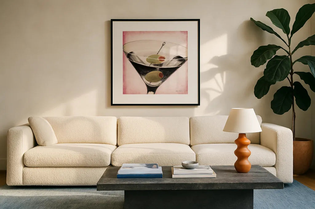 Fifth Avenue Square III Pink by Marco Fabiano. Displayed in a glass frame with matte in a clean modern living room. Available as an archival giclee rolled canvas, fine art paper, or poster print. SKU 92056a.