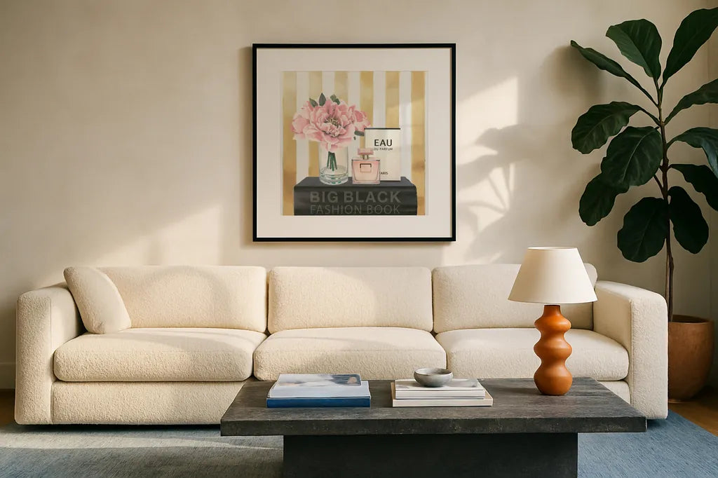 Forever Fashion I by Marco Fabiano. Displayed in a glass frame with matte in a clean modern living room. Available as an archival giclee rolled canvas, fine art paper, or poster print. SKU 28778a.
