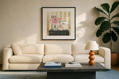 Forever Fashion I by Marco Fabiano. Displayed in a glass frame with matte in a clean modern living room. Available as an archival giclee rolled canvas, fine art paper, or poster print. SKU 28778a.