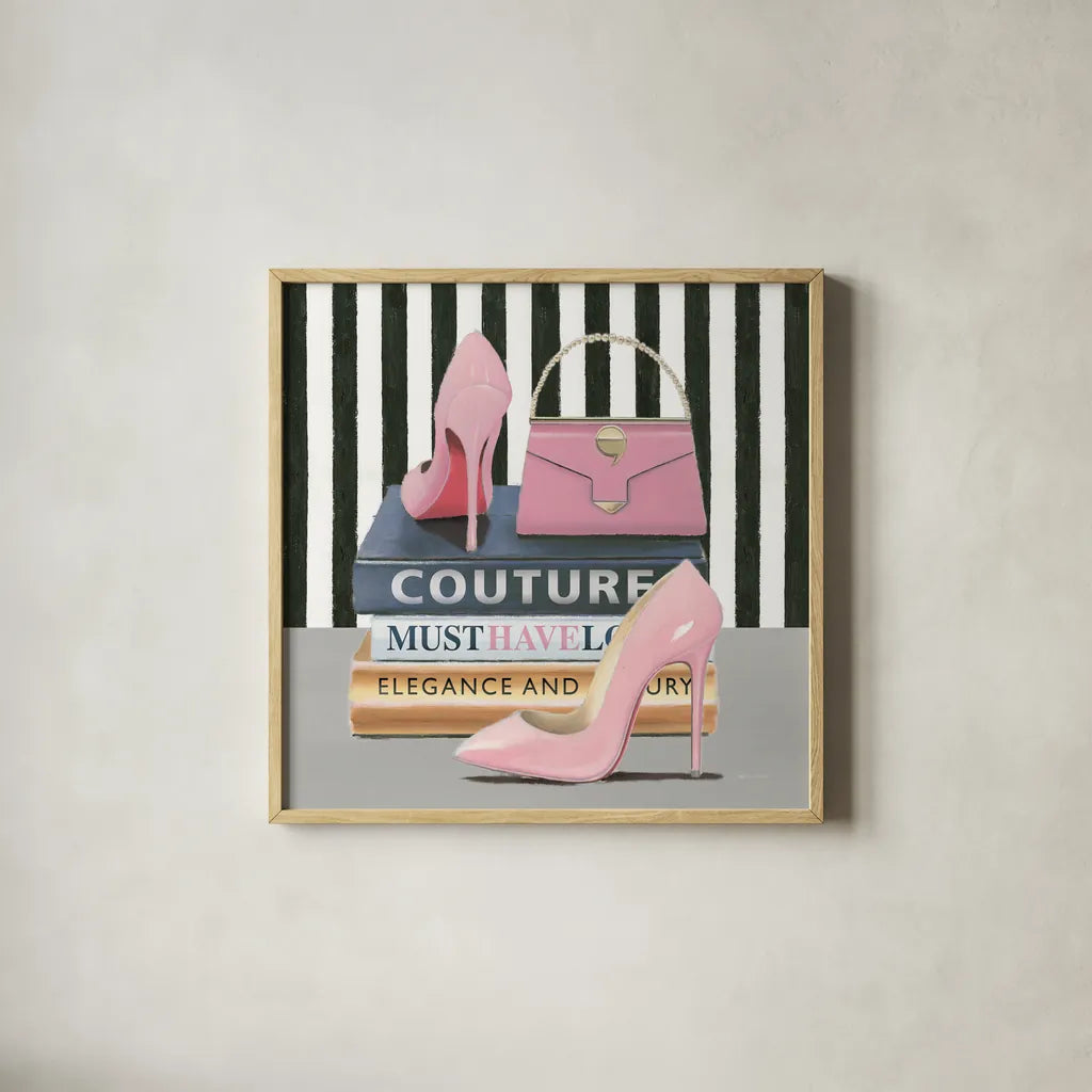 Forever Fashion II by Marco Fabiano. Shown in a natural wood glass frame for a timeless modern aesthetic. Available as an archival giclee rolled canvas, fine art paper, or poster print. SKU 28779a.