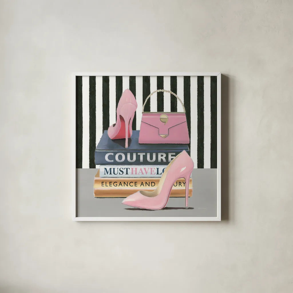 Forever Fashion II by Marco Fabiano. Shown in a crisp white glass frame for a clean and minimalist style. Available as an archival giclee rolled canvas, fine art paper, or poster print. SKU 28779a.