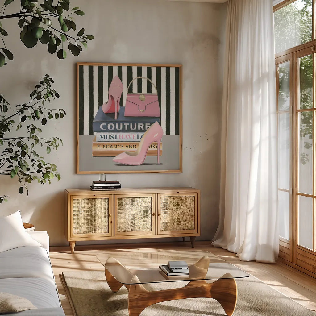 Forever Fashion II by Marco Fabiano. Shown in a natural wood frame in a cozy modern living room. Available as an archival giclee rolled canvas, fine art paper, or poster print. SKU 28779a.