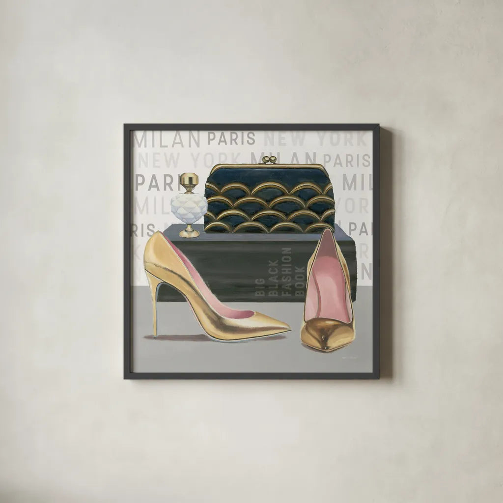 Forever Fashion IV by Marco Fabiano. Shown in a sleek black glass frame for a contemporary gallery look. Available as an archival giclee rolled canvas, fine art paper, or poster print. SKU 28781a.