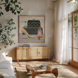 Forever Fashion IV by Marco Fabiano. Shown in a natural wood frame in a cozy modern living room. Available as an archival giclee rolled canvas, fine art paper, or poster print. SKU 28781a.