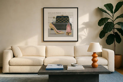 Forever Fashion IV by Marco Fabiano. Displayed in a glass frame with matte in a clean modern living room. Available as an archival giclee rolled canvas, fine art paper, or poster print. SKU 28781a.